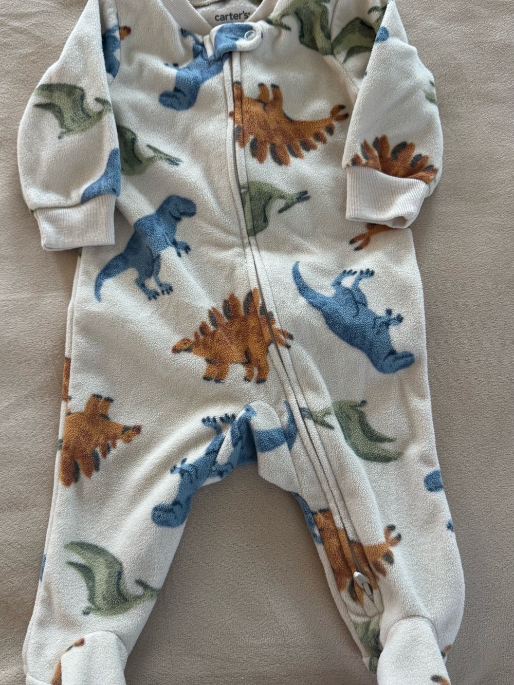 Carter's Cream Fleece Dino Footed One-Piece with Blue, Green, Brown Dinosaurs